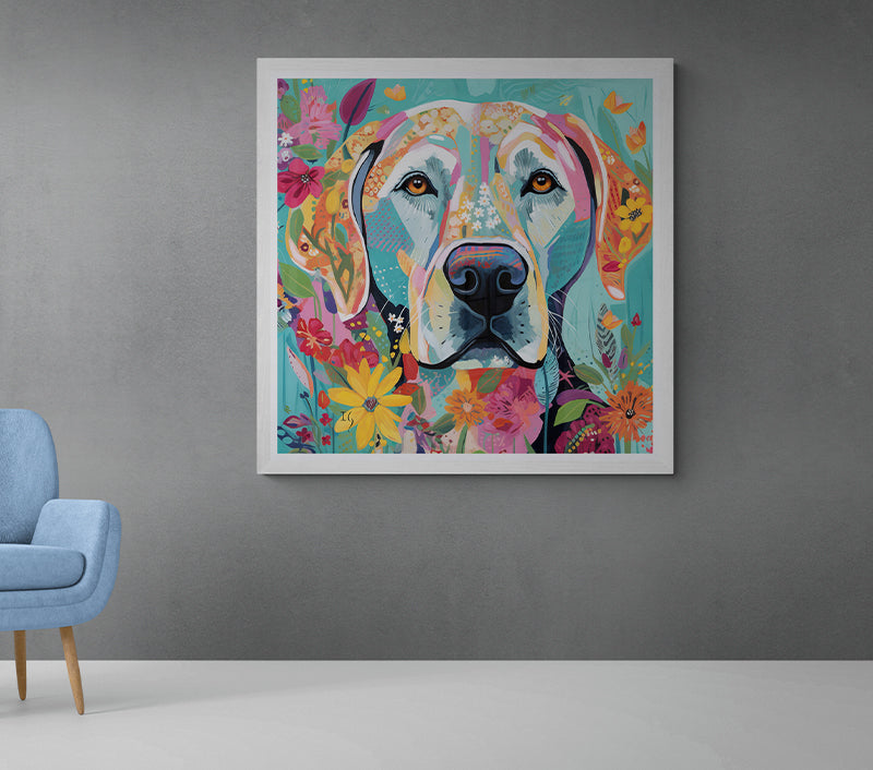 Framed whimsical dog art: Labrador retriever with colorful floral background in modern decor