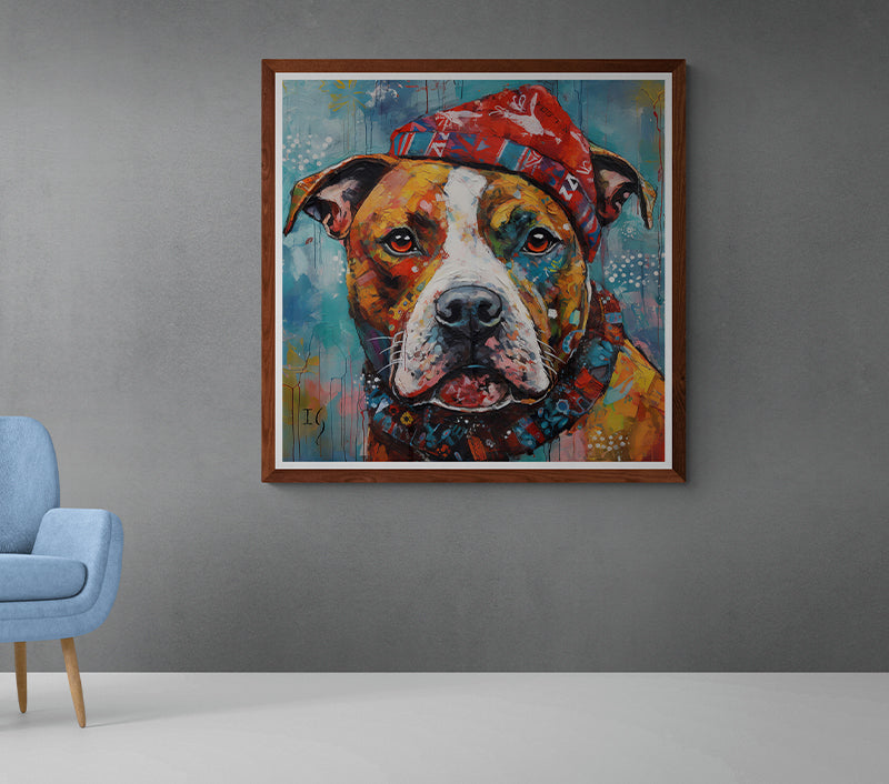 A striking illustration of a dog, its coat rendered in a splash of oranges, yellows, and browns. Dressed in a colorful beanie with tribal patterns and a coordinating scarf, the dog's gaze is deep and soulful, set against a textured teal backdrop with sporadic white flecks.