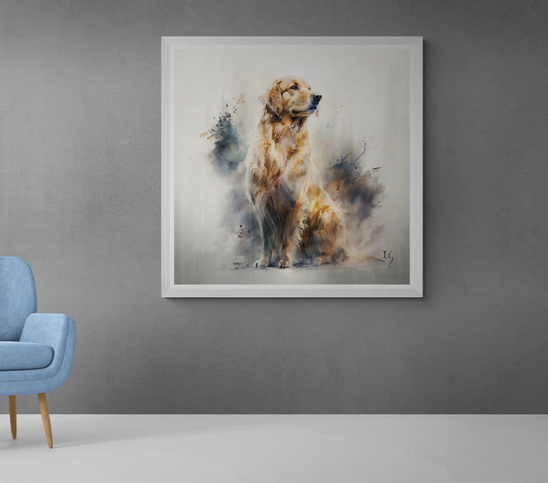 Detailed artistic representation of a poised dog surrounded by a soft whirl of abstract elements, exuding warmth and elegance with golden hues.