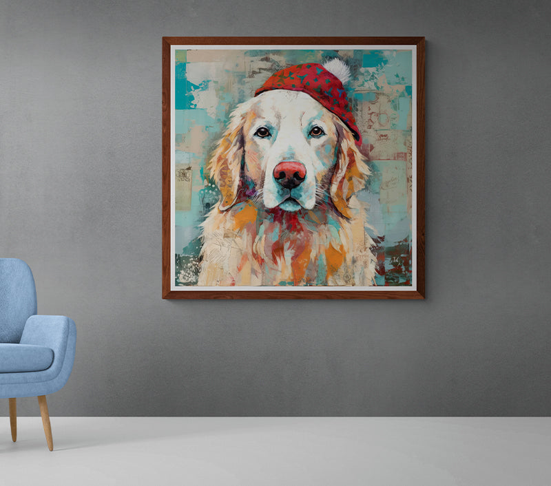 Whimsical dog portrait painting of golden retriever with red hat