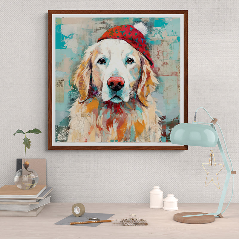 Pet art featuring a golden retriever with a red hat, whimsical style