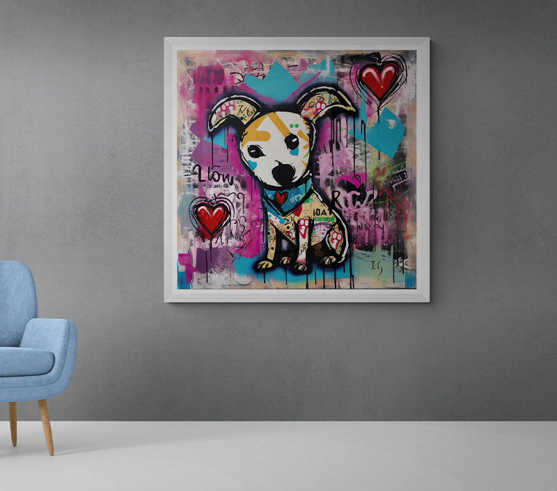 Vivid urban artwork showcasing a stylized dog adorned with playful designs, surrounded by a mixture of hearts, graffiti, and pastel hues.