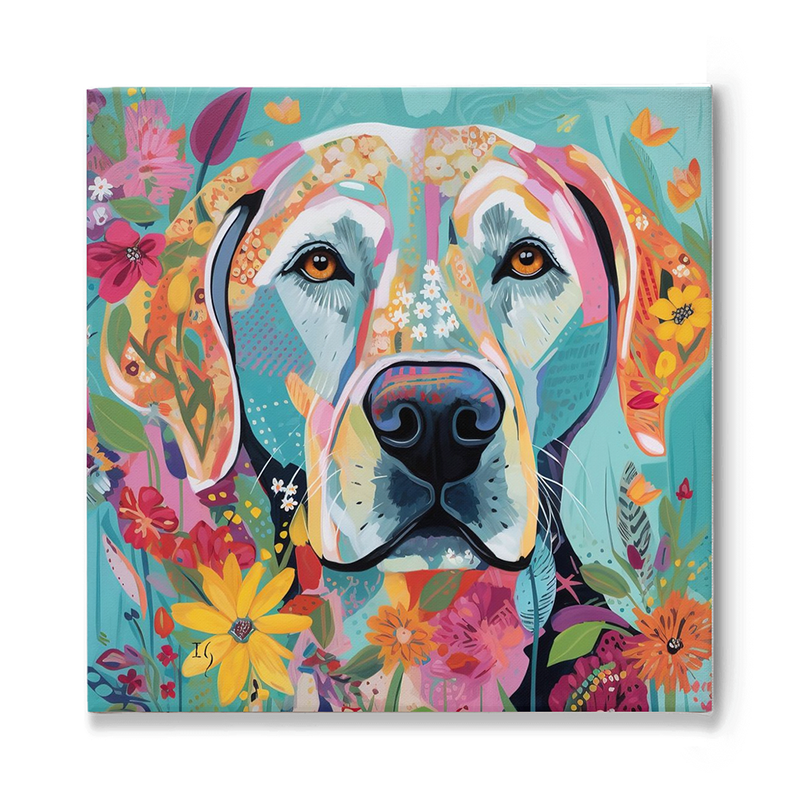 Whimsical dog art: Labrador retriever with vibrant floral background