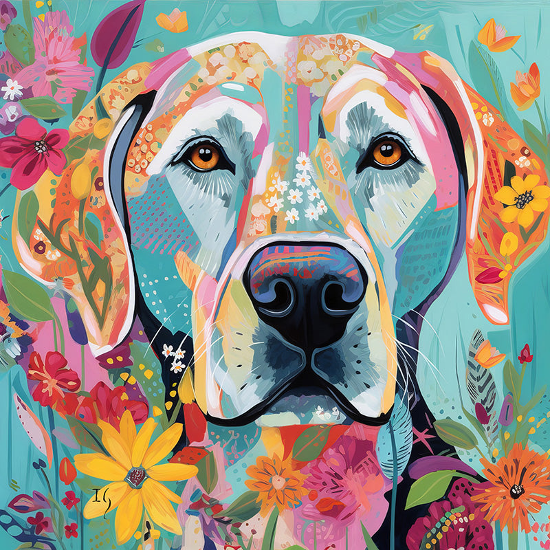 Whimsical Labrador retriever art with vibrant floral background