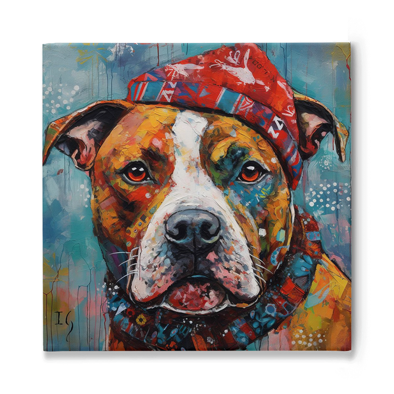 An evocative artwork of a contemplative dog, possibly a pit bull, painted with an array of warm and vibrant colors. The dog dons a patterned red beanie and a matching scarf, while its expressive eyes capture attention against a muted, abstract blue-green background with drips and speckles.