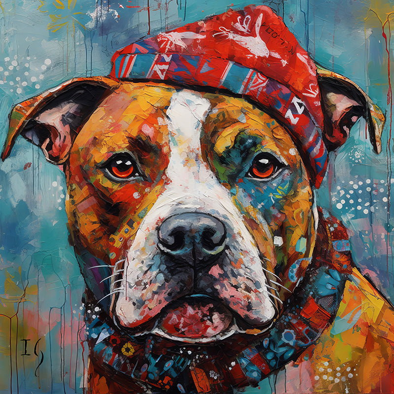 A heartfelt painting capturing the soulful gaze of a dog, its face illuminated by rich hues of gold, rust, and amber. The dog's attire, a red cap with tribal designs and a matching scarf, adds to its regal appearance, all juxtaposed against an atmospheric blue canvas with dripping paint and scattered spots.