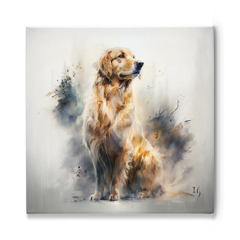 Ethereal digital painting of a golden retriever, captured in intricate brush strokes with gleaming highlights, set against a delicate blend of whites and muted colors.