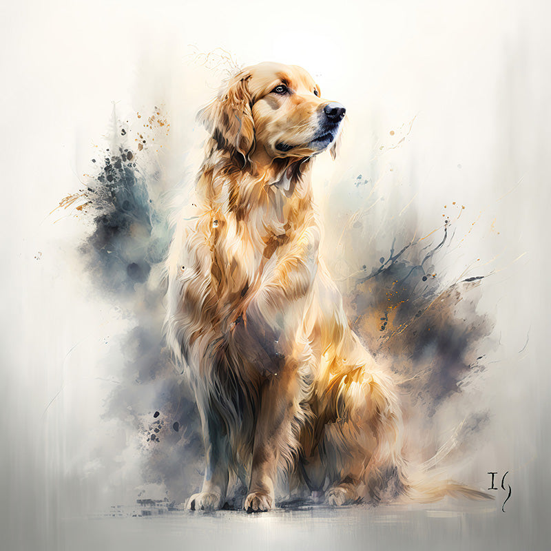 Stunning portrayal of a graceful golden retriever, its fur illuminated with shimmering tones, complemented by an abstract dreamy backdrop.