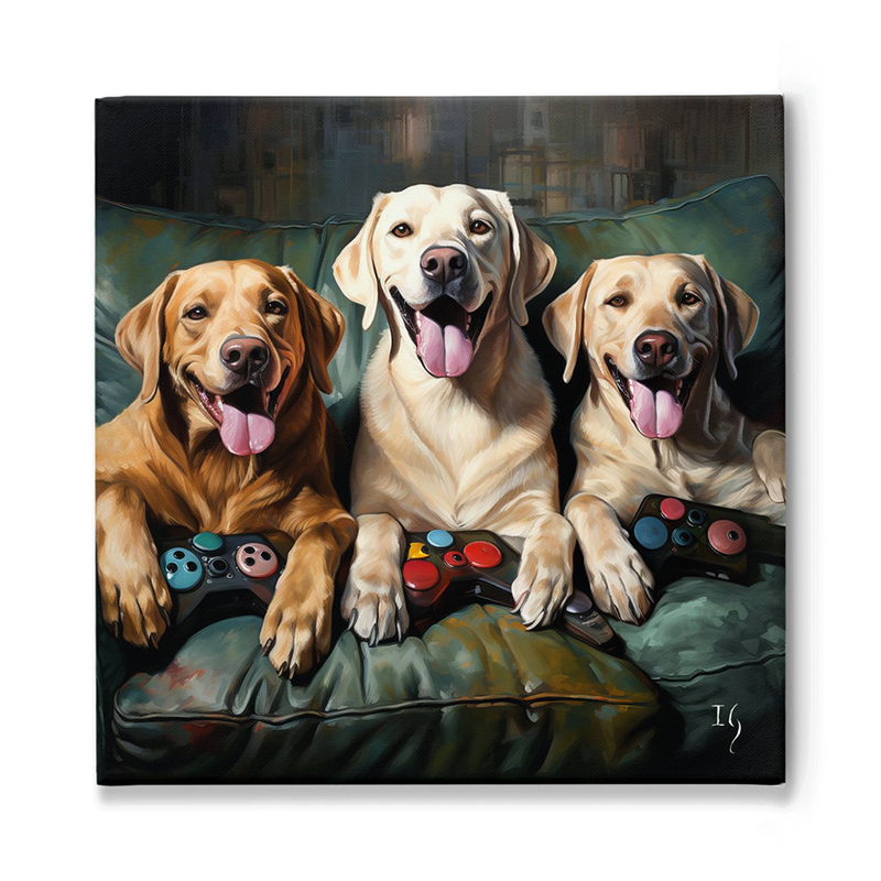A lively illustration of three jovial dogs — two golden retrievers and a Labrador — poised playfully on a couch with video game controllers under their paws. Their tongues hang out in cheerful anticipation, ready for a gaming session against an atmospheric backdrop.
