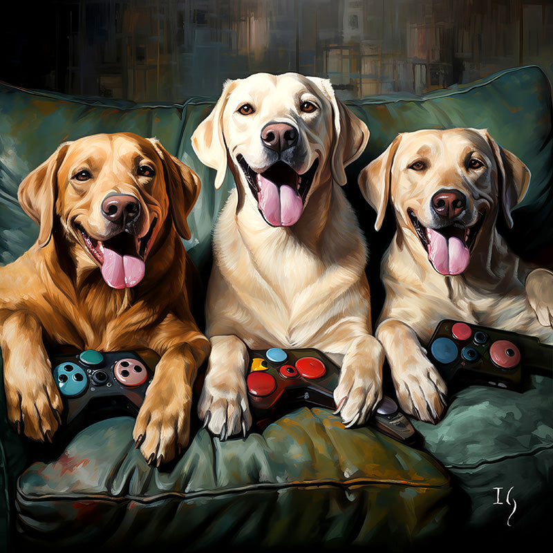 A heartwarming portrayal of doggy game night, where three golden-hued dogs hold game controllers, their gleaming eyes and wagging tongues showcasing their eagerness to play. The moody background adds depth to this moment of fun-filled companionship.