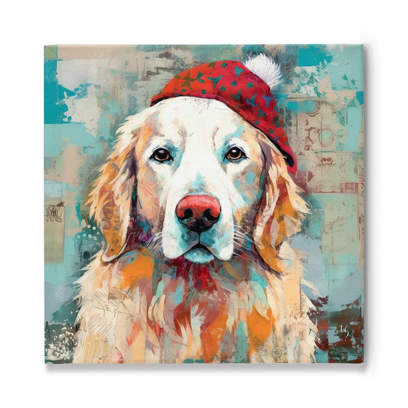 Golden retriever with red hat, pet art and custom dog portrait