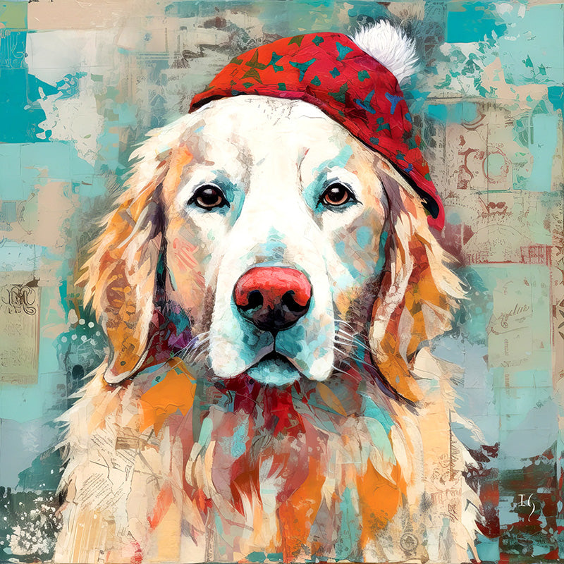 Whimsical animal art: golden retriever with red hat in pet painting