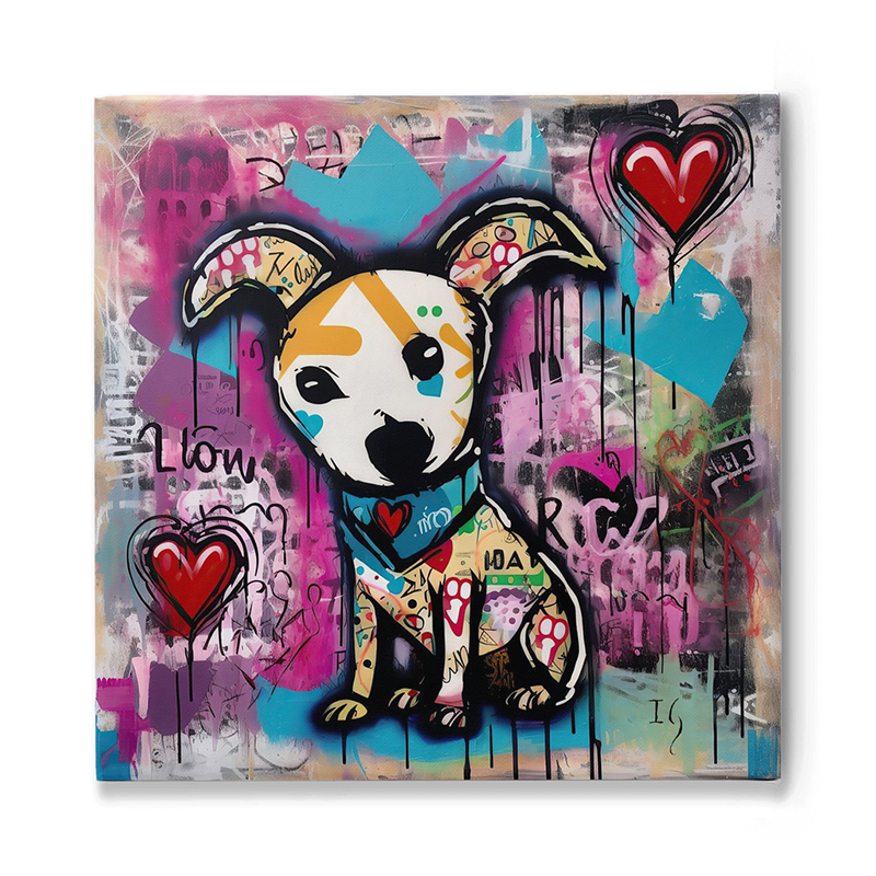 Contemporary street art of a colorful dog with abstract patterns, set against a graffiti-inspired background with heart motifs and urban symbols.