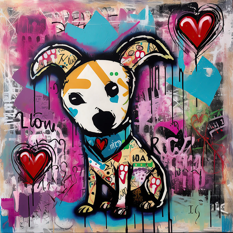 Modern graffiti art piece featuring a decorated dog with heart emblems, amidst a backdrop filled with handwritten words and vibrant splashes.