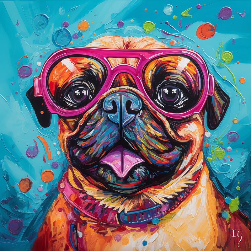 A colorful and dynamic rendering of a Pug, its face filling the canvas. Dressed in neon pink goggles, the dog's fur is a kaleidoscope of hues, set against a background of floating bubbles and swirls on a bright blue canvas.