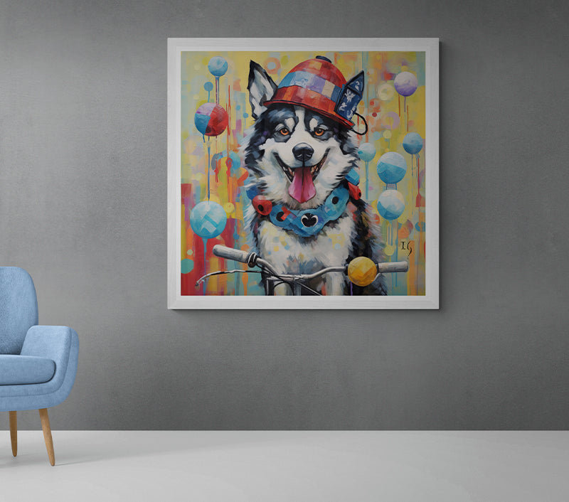 A mischievous-looking husky with vivid markings sports a vibrant hat and bow tie, ready for an adventure. The background is a tapestry of pastel-hued drips and suspended orbs, suggesting a dreamlike atmosphere.