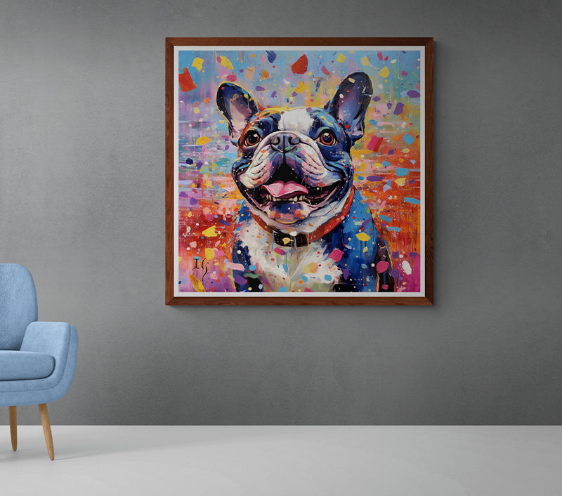 Whimsical animal art: Vibrant French Bulldog painting displayed on wall