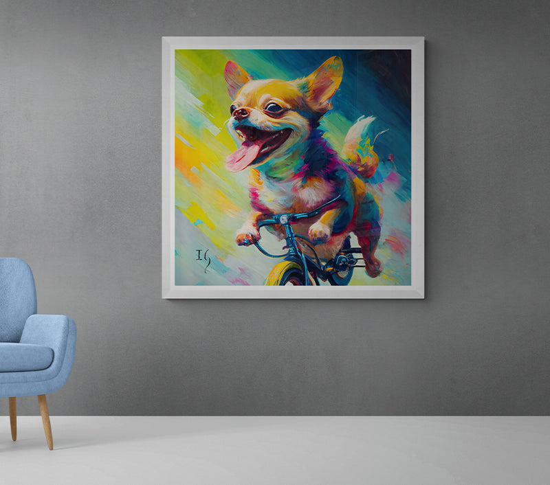 Cheerful chihuahua art piece depicting the joyful pup on a bike adventure, surrounded by a splash of radiant hues.