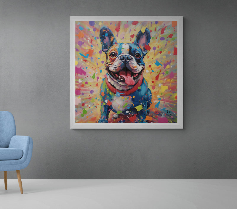 A lively portrait of a multicolored French Bulldog with an infectious smile, surrounded by a dynamic burst of paint splatters in every hue imaginable. The artwork emanates a sense of happiness and celebration.