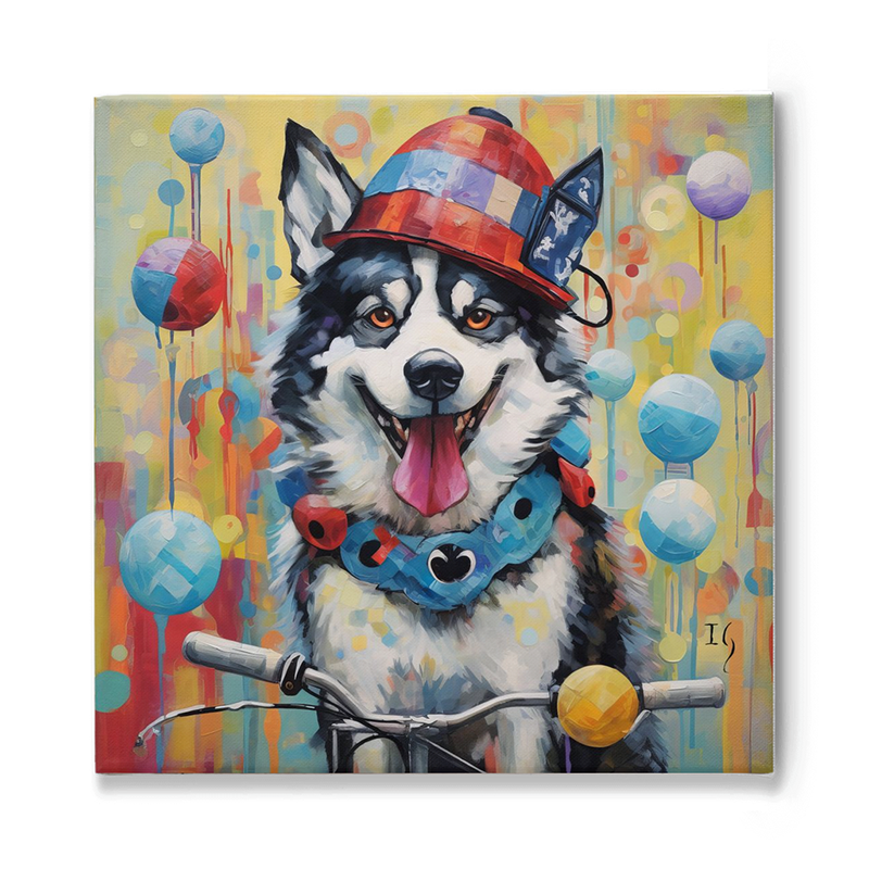 A spirited husky adorned in a patchwork bow tie and a multicolored hat, with an emblem of a blue ship on it, gazes playfully at the viewer. The dog stands behind bike handlebars, set against a backdrop filled with dripping paint and floating, abstract balloons in various shades.