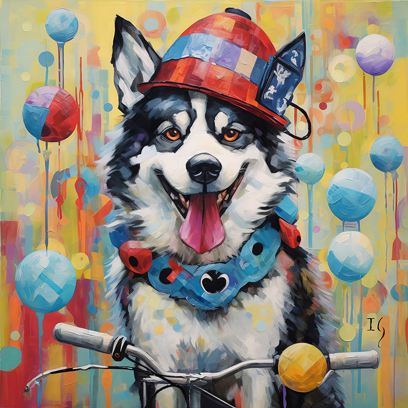 An animated portrait of a husky, full of zest, wearing a multicolored hat and decorative bow tie. Behind him, ethereal balloons of various sizes and colors float amidst cascading paint drips, exuding an aura of enchantment.