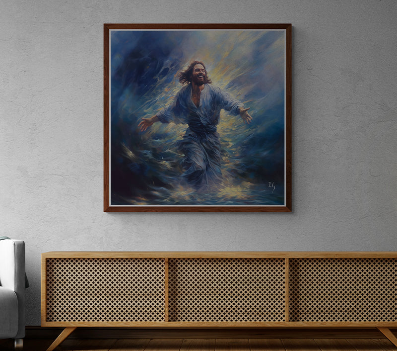 Artwork of Jesus on water, hanging in a serene room with a piano and soft lighting.