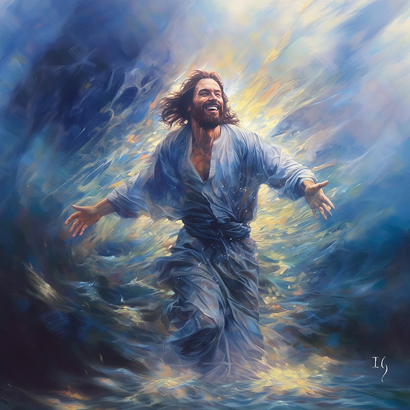 Dynamic artwork of Jesus with open arms, walking on water in a radiant scene.