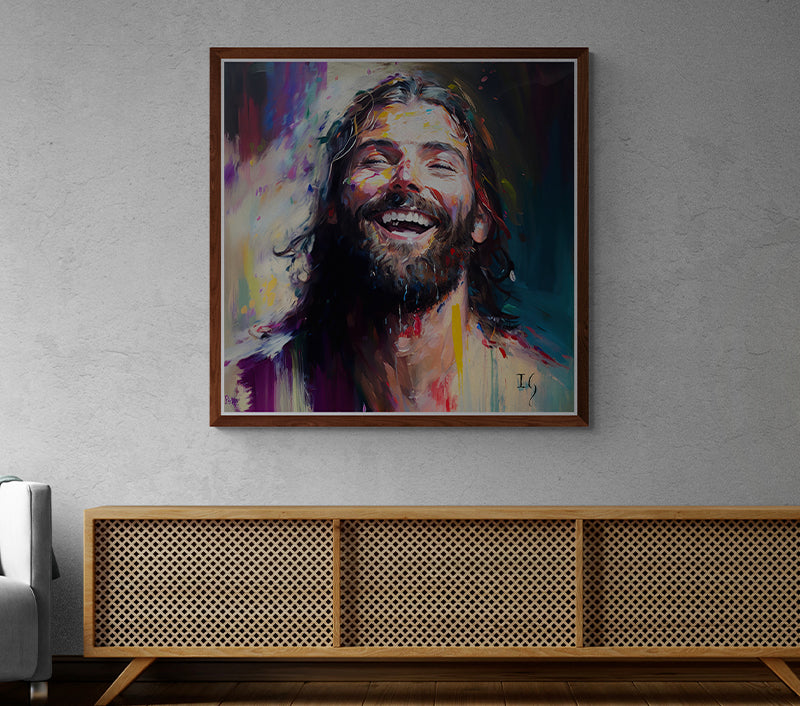 Expressive portrait of a joyful Jesus in modern art, full of color and life.