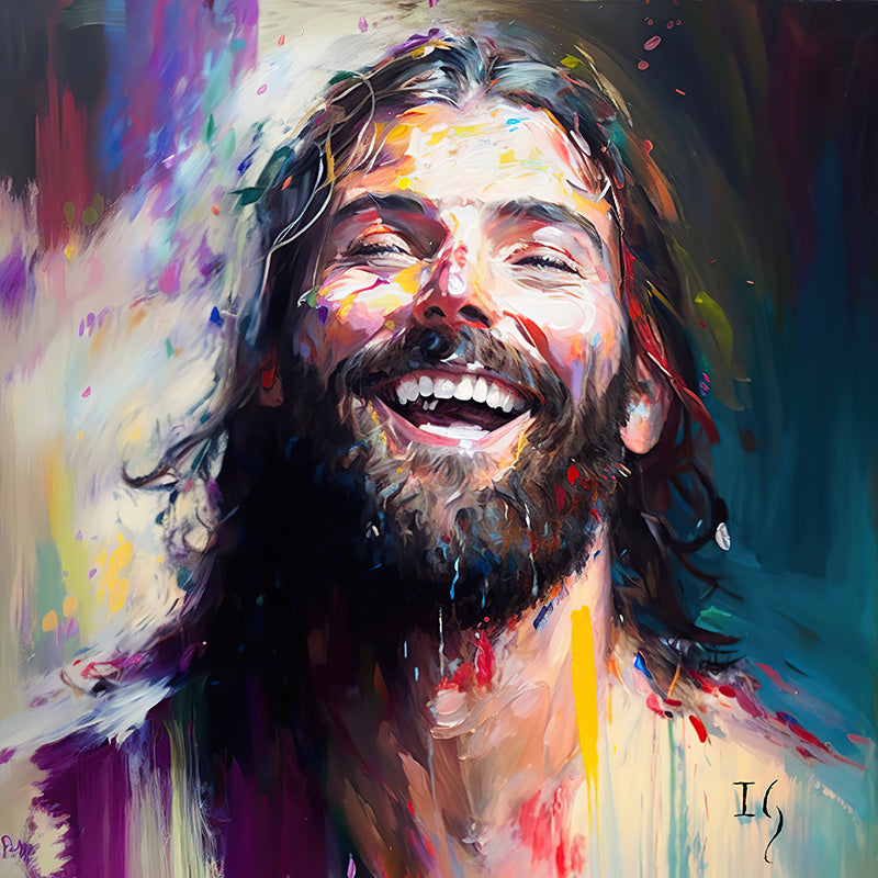 Modern artwork of Jesus laughing, with bright, vibrant colors surrounding him.