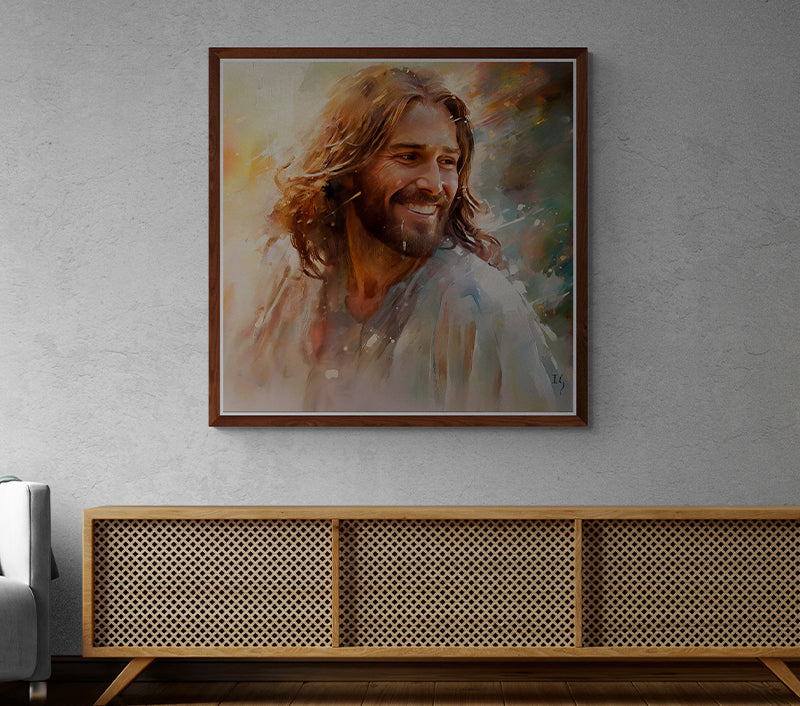 Jesus Dawn's Gentle Embrace - Artistic rendition of a serene-faced man, as sunlight delicately caresses his features, enveloped by a fusion of warm hues. Perfect for enthusiasts of contemplative and spiritual artwork.