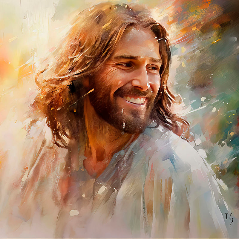 Jesus Dawn's Gentle Embrace - Captivating artwork of a bearded man, lost in thought, surrounded by a whirl of sunlit colors, exuding a sense of tranquility and reverence.