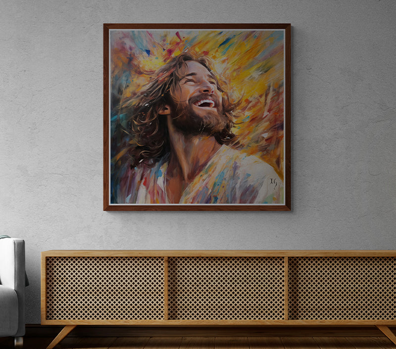 Jesus - Euphoria in Divine Radiance - Dazzling modern artwork displaying a bearded man in rapture, with dynamic strokes and colors radiating outward. A focal point for any art collector's living area.