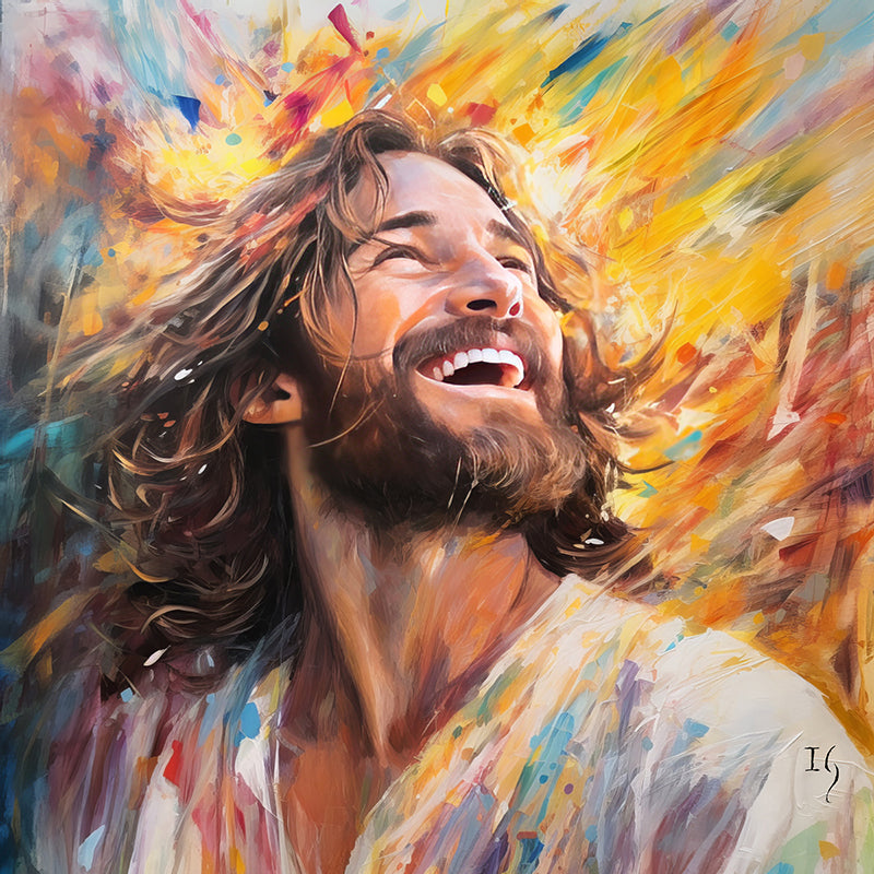 Jesus - Euphoria in Divine Radiance - Euphoric painted portrait of a man with sunlit hues swirling around him, capturing a moment of pure ecstasy. An artistry that will elevate any home's aesthetics.