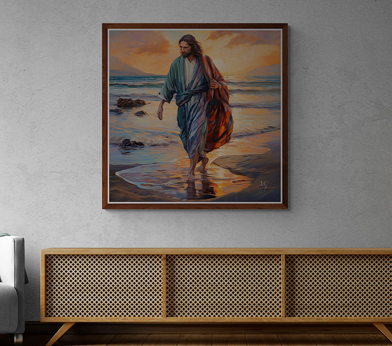 Footprints of Faith - Artistic depiction of a thoughtful individual in colorful drapery, wandering the shores as warm hues of sunset paint the horizon and gentle waves lap the sandy beach.