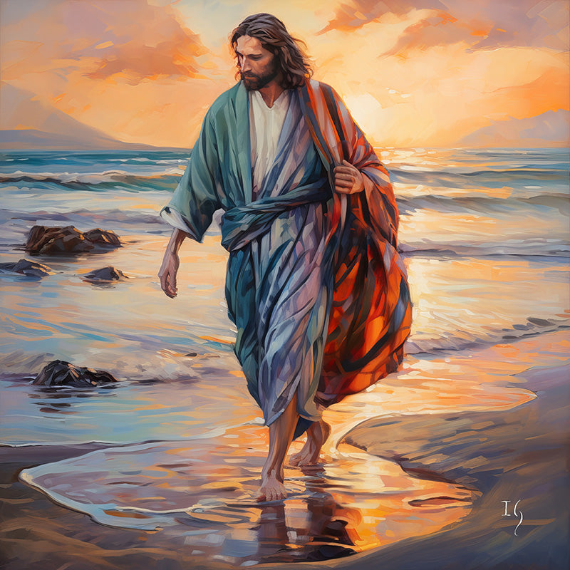 Footprints of Faith - Detailed artwork of a person in intricately patterned attire, strolling beside calm sea waters, bathed in the glow of a radiant setting sun.