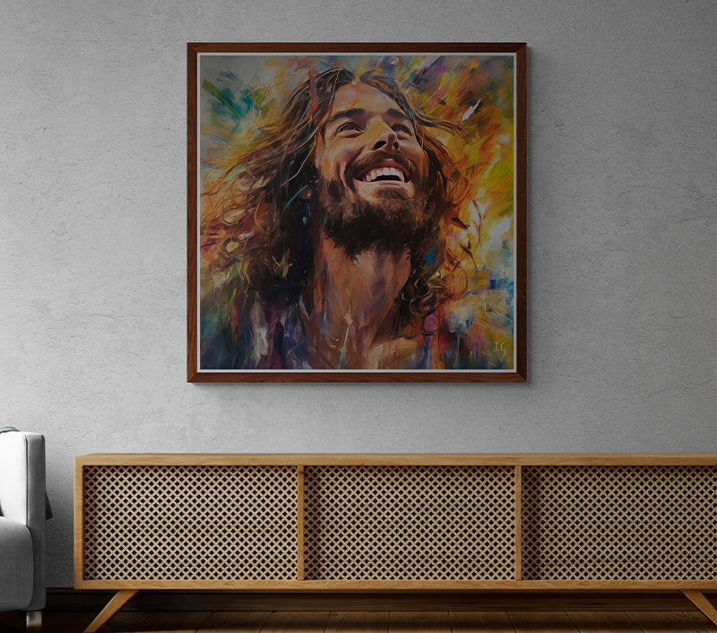 Jesus Harmony of Hue and Heartbeat - Captivating painting of a joyful man, his face illuminated by a genuine smile, set against an energetic fusion of vivid colors, symbolizing happiness and serenity.