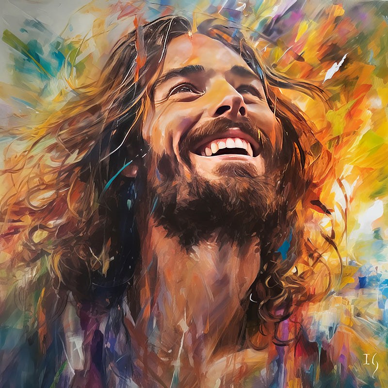 Jesus Harmony of Hue and Heartbeat - Lively artistic representation of a man overwhelmed with joy, his hair flowing amidst a chaotic blend of vibrant colors, encapsulating a sense of elation and wonder.