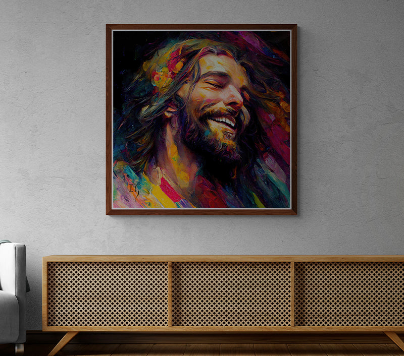 Jesus loving lord - Expressive artwork capturing the essence of elation in a man's face, surrounded by a cascade of colorful brush strokes. A touch of elegance for art enthusiasts looking to enhance their living space.