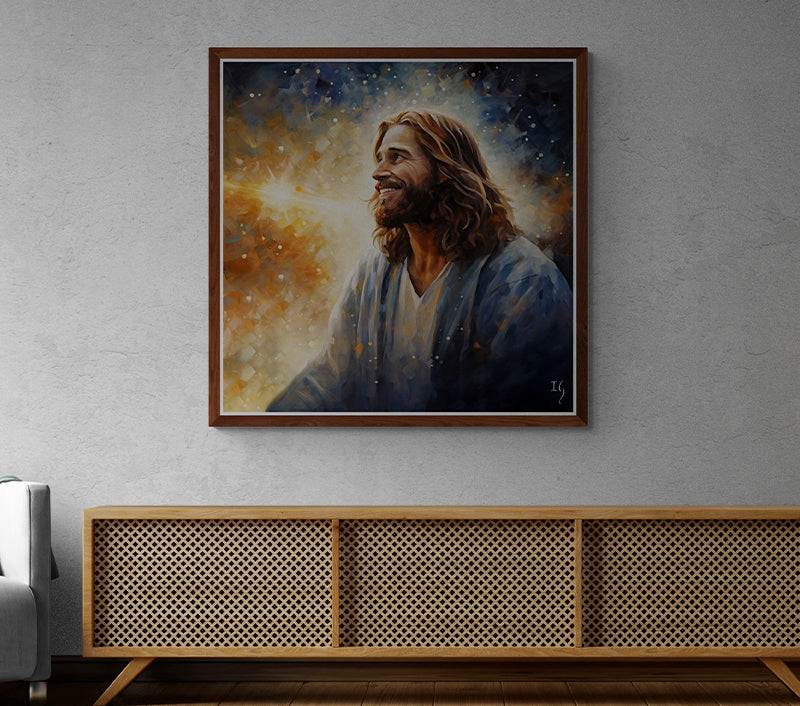 Jesus Radiance of Divine Revelation - Artistic depiction of a serene man in a robe, with golden light shining upon him, set against a backdrop of ethereal blues and oranges, symbolizing hope and faith.