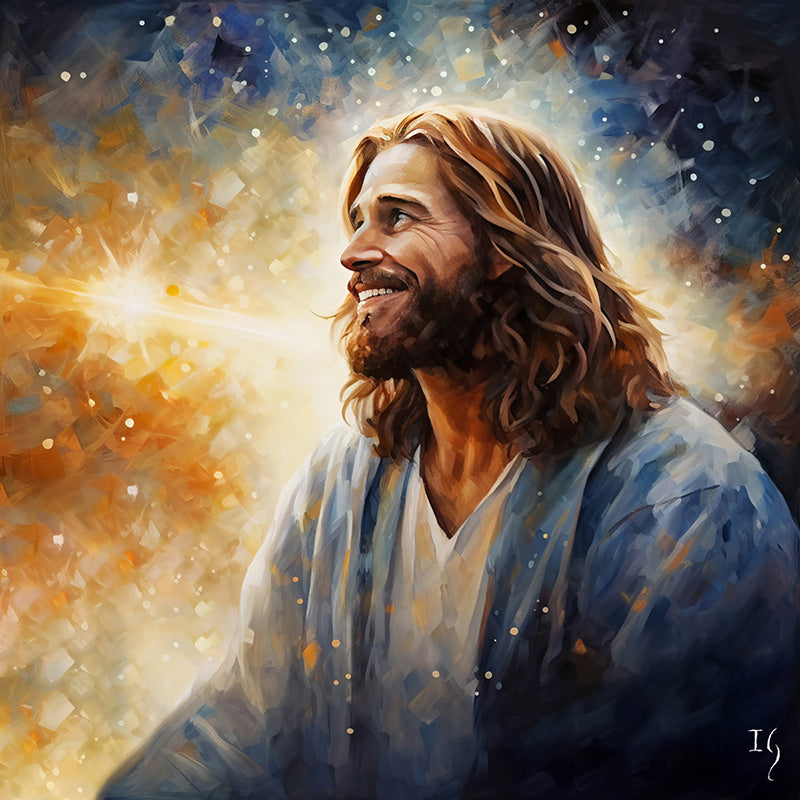Jesus Radiance of Divine Revelation - Elegant painting of a contemplative figure, his face illuminated by a shimmering light, amidst a heavenly blend of starry blues and sunlit oranges, conveying a moment of revelation.