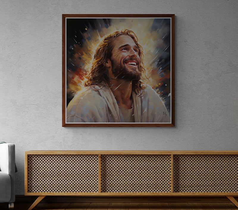 Jesus - Radiant Embrace - Vivid artwork showcasing a bearded man bathed in a golden glow, capturing an emotion of deep contentment and serenity. Ideal for aficionados seeking spiritually uplifting art.