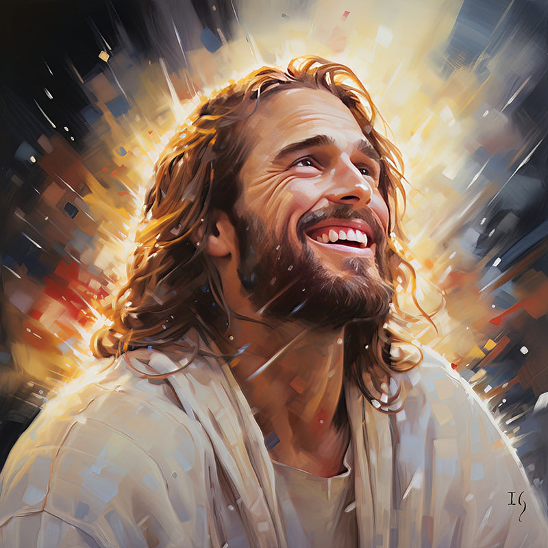 Jesus - Radiant Embrace - Transcendent depiction of a man engulfed in a dance of lights, exuding an aura of peace and hope. A masterpiece that resonates with warmth and positivity.