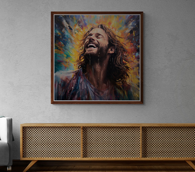 Jesus Rapture in Rain and Radiance - Expressive painting capturing a man in a moment of pure elation, set against a backdrop of dynamic brushstrokes in a myriad of bright colors.