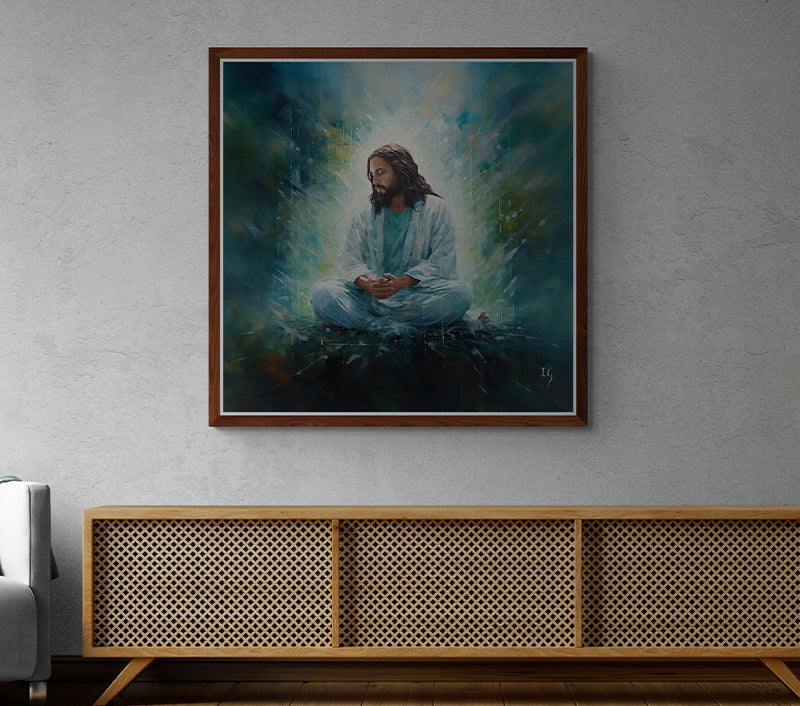 Art piece of Jesus sitting peacefully in a bright room, with natural light and greenery nearby.