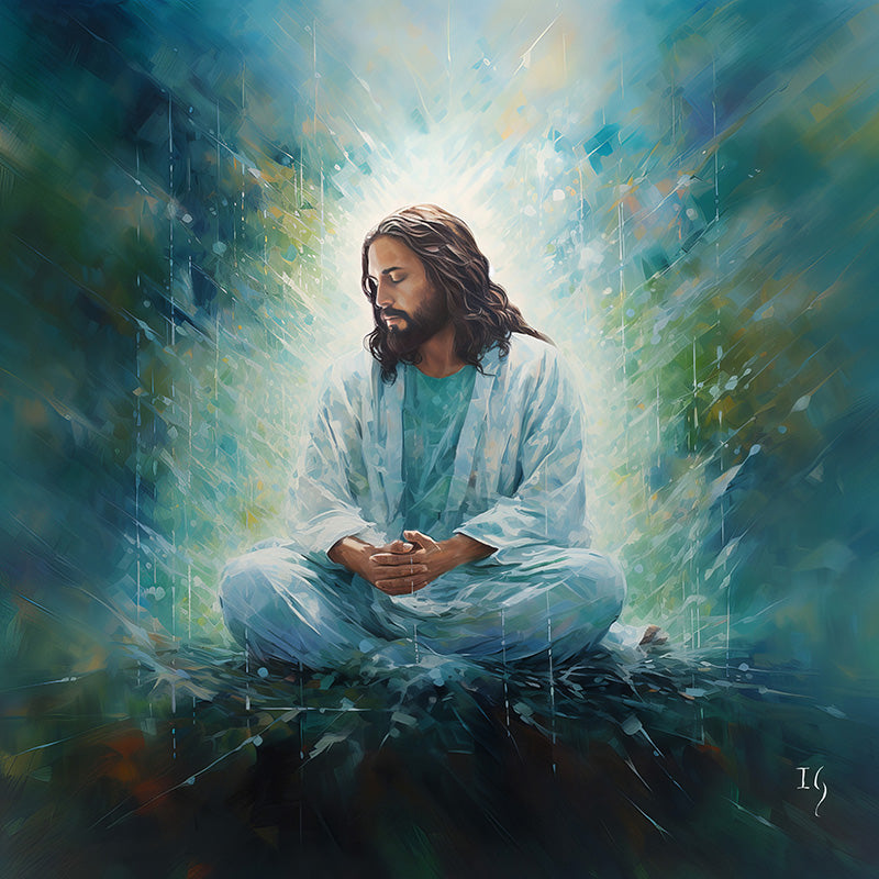 Serene image of Jesus in meditation, bathed in soft, radiant light and surrounded by calm tones.