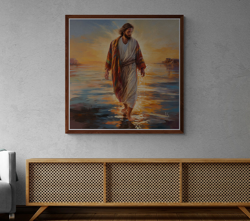 Jesus walking on water, smiling in a sunrise scene painting