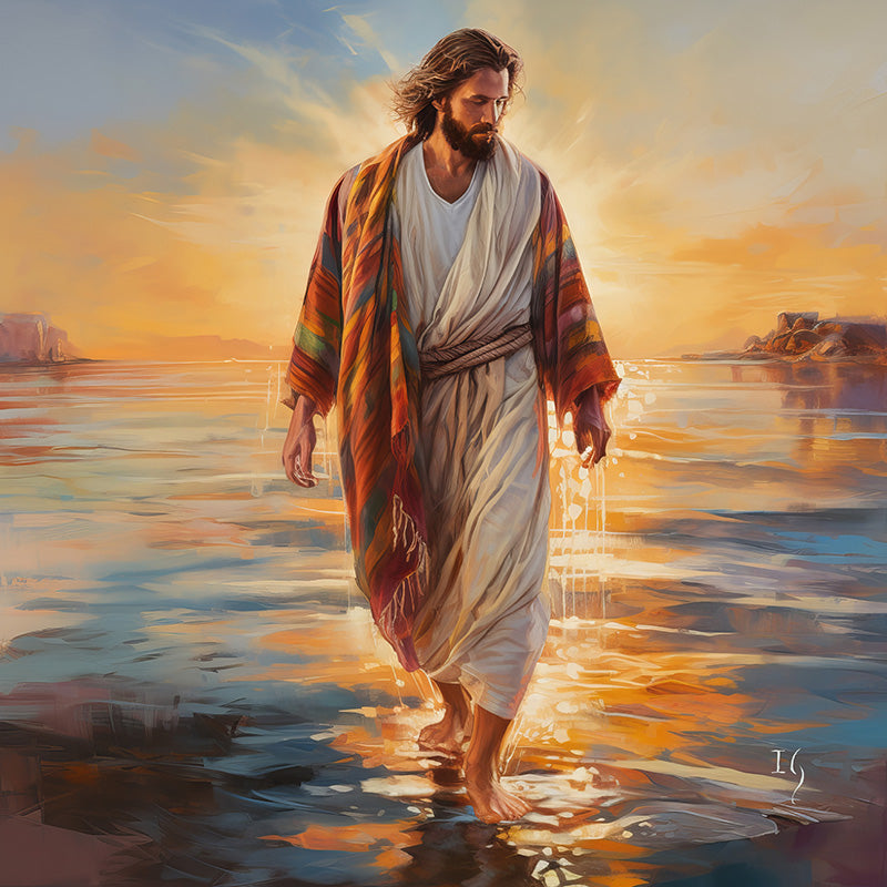 Painting of Jesus smiling serenely during sunrise