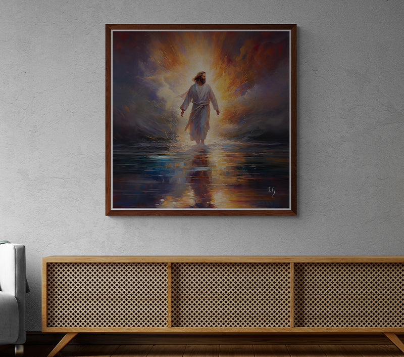 Modern room featuring a vibrant Jesus painting with dramatic lighting effects.