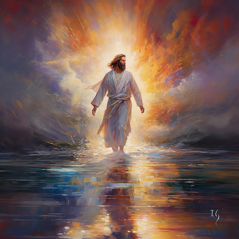 Jesus depicted walking on water with a dramatic light explosion in the background.