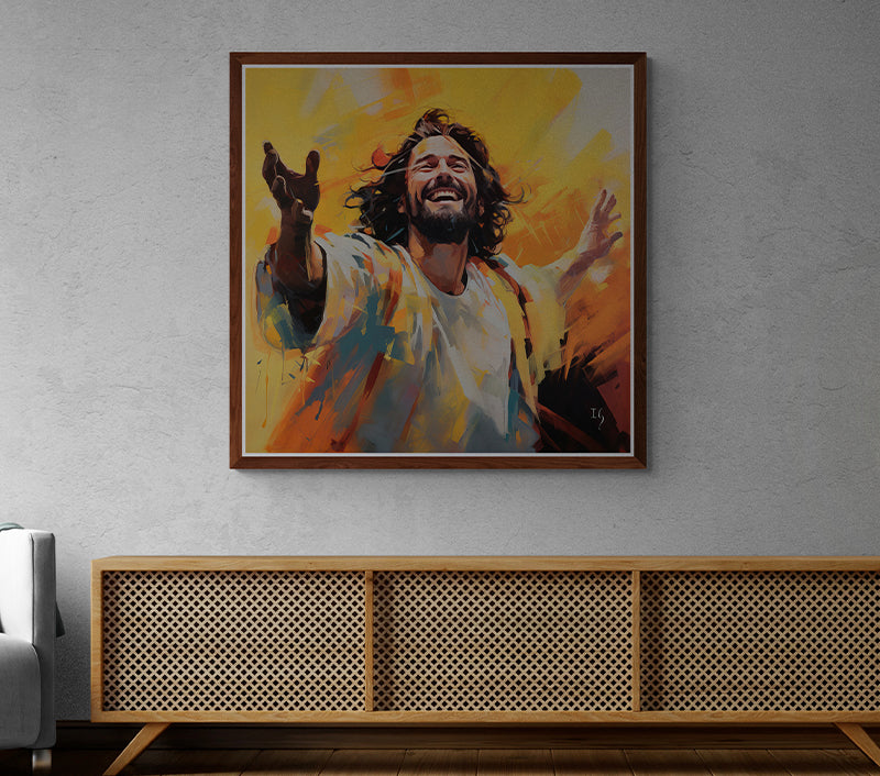 Smiling Jesus in a vibrant painting displayed in a living room